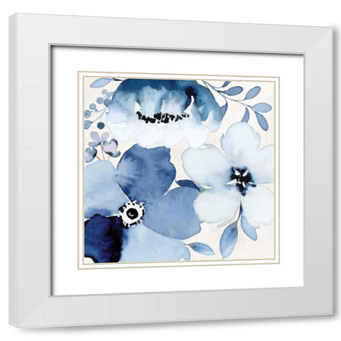Cobalt Blossoms II White Modern Wood Framed Art Print with Double Matting by ND Art