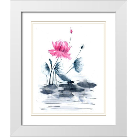 Pink Flower and a Lily Pad White Modern Wood Framed Art Print with Double Matting by Shefranov, Olga