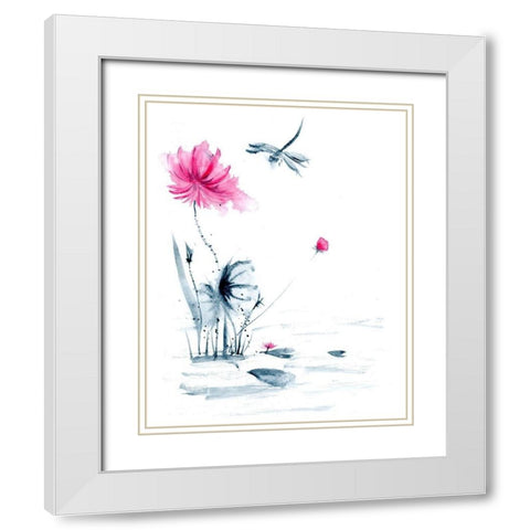 Pink Flower and a Lily Pad II White Modern Wood Framed Art Print with Double Matting by Shefranov, Olga