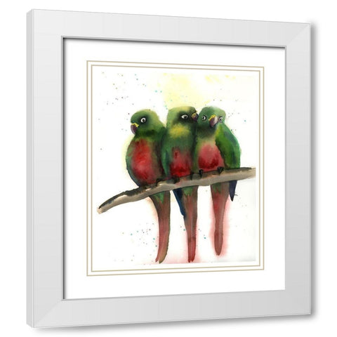 Green Parrots White Modern Wood Framed Art Print with Double Matting by Shefranov, Olga