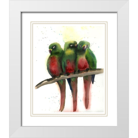 Green Parrots White Modern Wood Framed Art Print with Double Matting by Shefranov, Olga