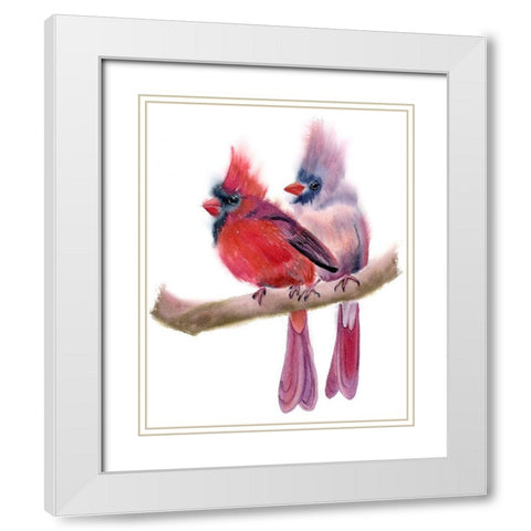 Cardinal Couple White Modern Wood Framed Art Print with Double Matting by Shefranov, Olga