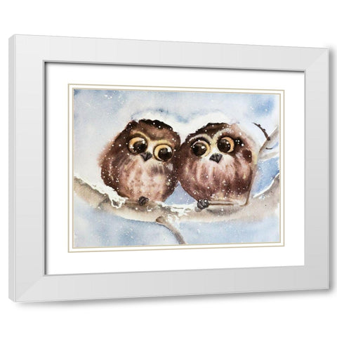 Owls White Modern Wood Framed Art Print with Double Matting by Shefranov, Olga
