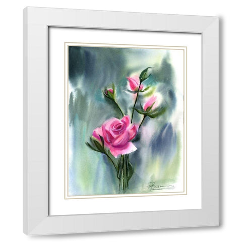 Pink Roses White Modern Wood Framed Art Print with Double Matting by Shefranov, Olga