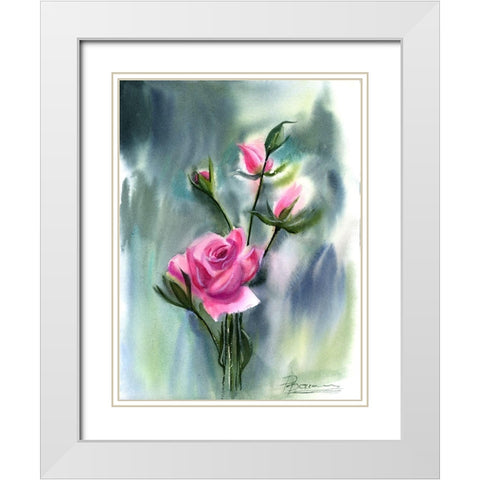Pink Roses White Modern Wood Framed Art Print with Double Matting by Shefranov, Olga