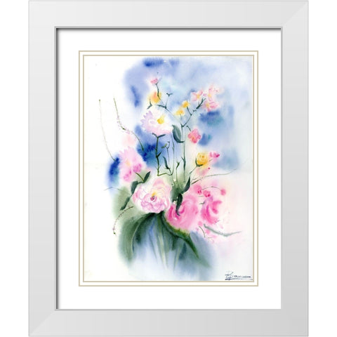 Pink Flowers White Modern Wood Framed Art Print with Double Matting by Shefranov, Olga