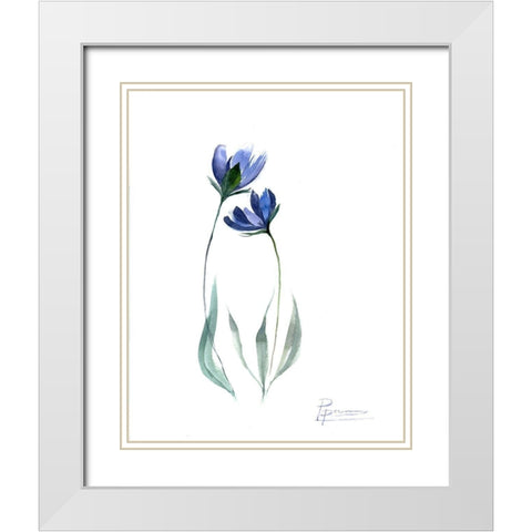 Blue Flowers White Modern Wood Framed Art Print with Double Matting by Shefranov, Olga