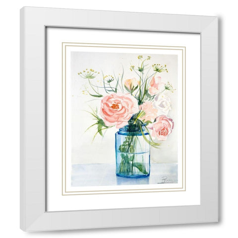 Pink Roses White Modern Wood Framed Art Print with Double Matting by Shefranov, Olga
