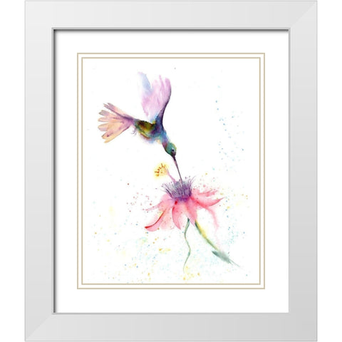 Pink Flower Hummingbird White Modern Wood Framed Art Print with Double Matting by Shefranov, Olga