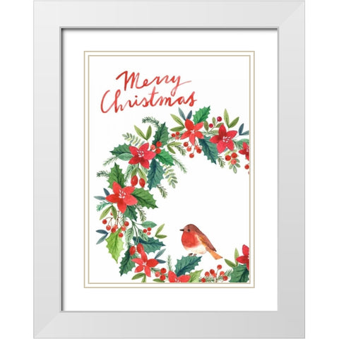 Merry Christmas Wreath White Modern Wood Framed Art Print with Double Matting by P.S. Art Studios