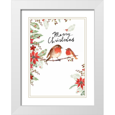 Merry Christmas Birds White Modern Wood Framed Art Print with Double Matting by P.S. Art Studios