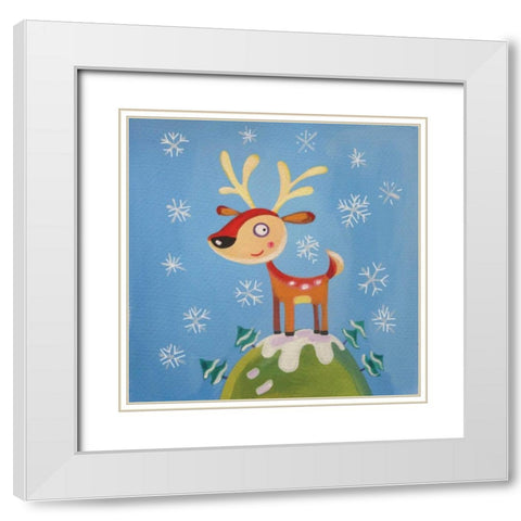 Mountain Top Reindeer White Modern Wood Framed Art Print with Double Matting by P.S. Art Studios