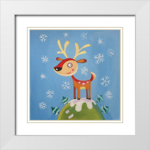 Mountain Top Reindeer White Modern Wood Framed Art Print with Double Matting by P.S. Art Studios