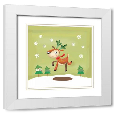 Playful Reindeer White Modern Wood Framed Art Print with Double Matting by P.S. Art Studios