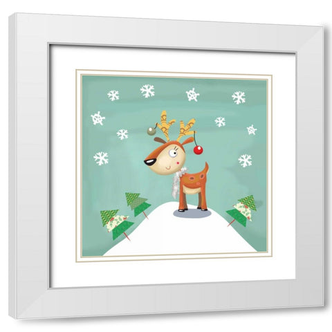 Snowy Reindeer White Modern Wood Framed Art Print with Double Matting by P.S. Art Studios
