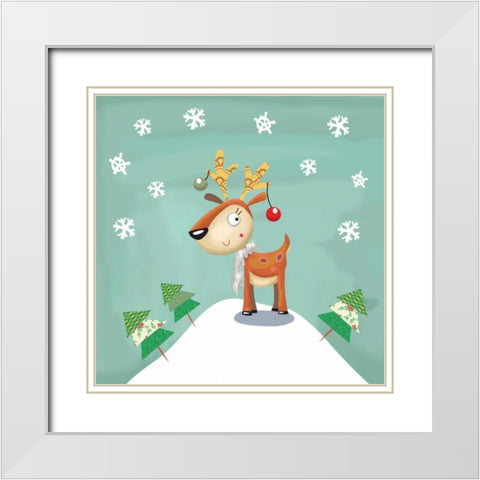 Snowy Reindeer White Modern Wood Framed Art Print with Double Matting by P.S. Art Studios