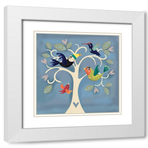 Birds in a Tree White Modern Wood Framed Art Print with Double Matting by P.S. Art Studios