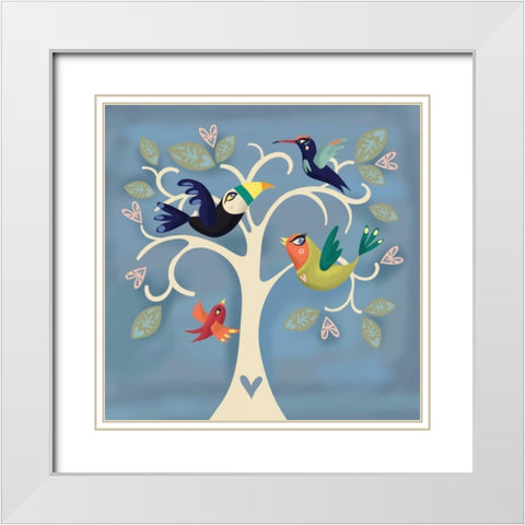 Birds in a Tree White Modern Wood Framed Art Print with Double Matting by P.S. Art Studios