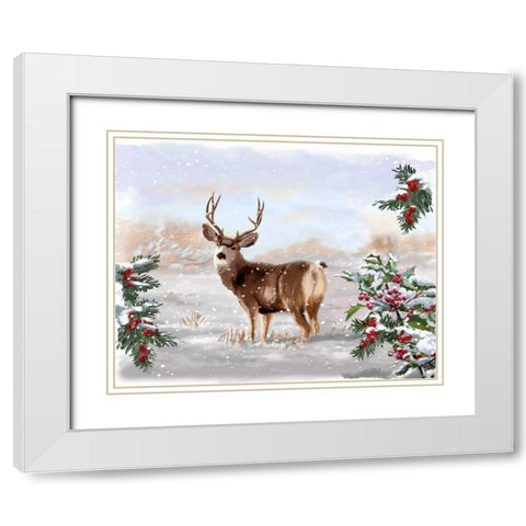 Holiday Deer White Modern Wood Framed Art Print with Double Matting by P.S. Art Studios