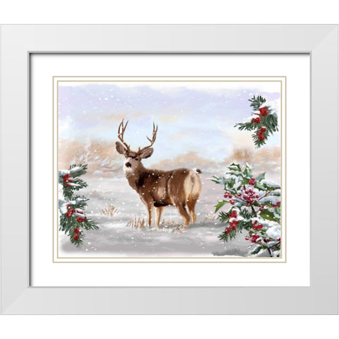 Holiday Deer White Modern Wood Framed Art Print with Double Matting by P.S. Art Studios