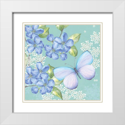 Blue Floral Butterfly White Modern Wood Framed Art Print with Double Matting by P.S. Art Studios