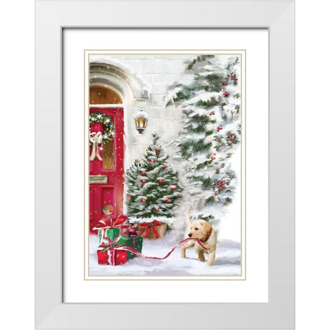 Puppy Holiday White Modern Wood Framed Art Print with Double Matting by P.S. Art