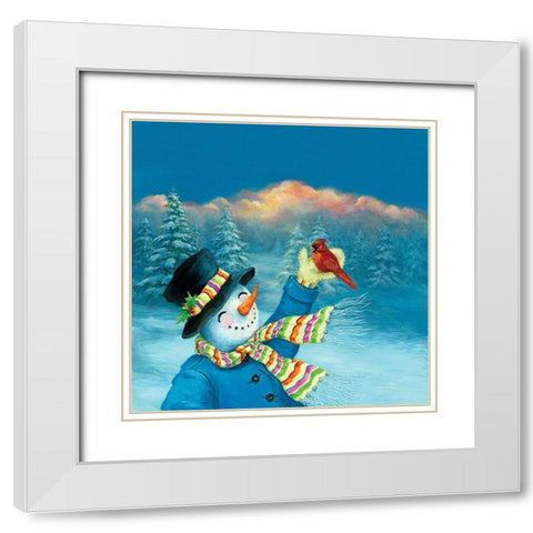 Cardinal and Snowman White Modern Wood Framed Art Print with Double Matting by P.S. Art