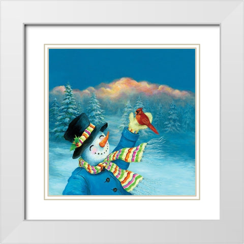Cardinal and Snowman White Modern Wood Framed Art Print with Double Matting by P.S. Art