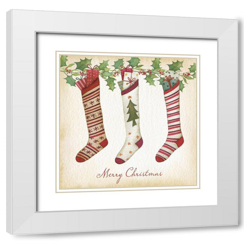 Merry Christmas Stockings White Modern Wood Framed Art Print with Double Matting by P.S. Art
