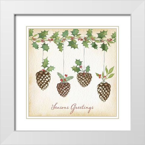 Seasons Greetings Pine Cones White Modern Wood Framed Art Print with Double Matting by P.S. Art