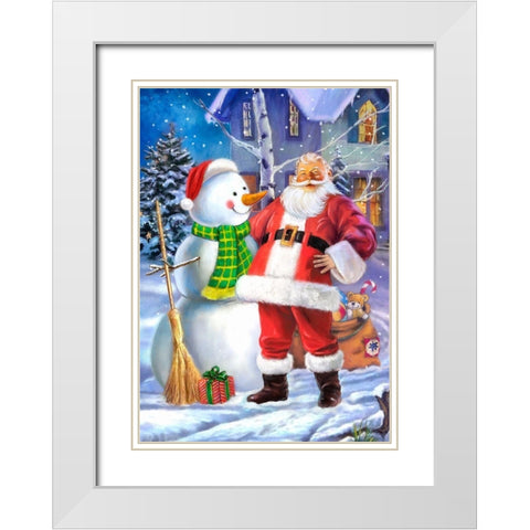 Santa and Snowman White Modern Wood Framed Art Print with Double Matting by P.S. Art