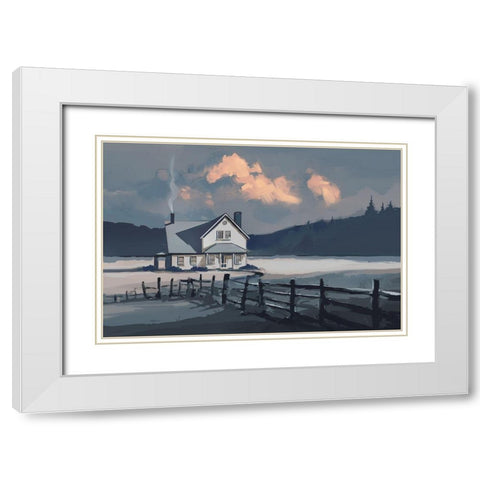 House on a Blue Lake White Modern Wood Framed Art Print with Double Matting by P.S. Art