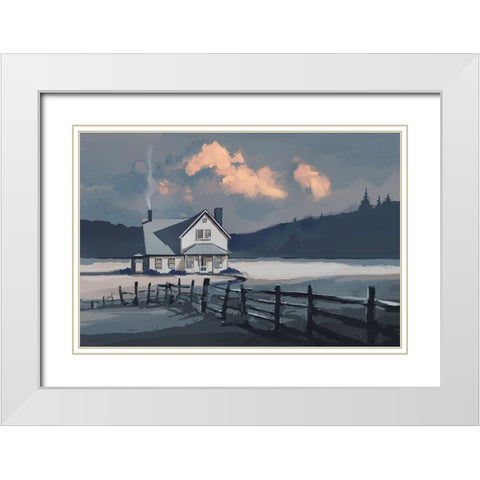 House on a Blue Lake White Modern Wood Framed Art Print with Double Matting by P.S. Art