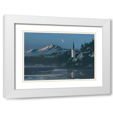 Church on a Blue Lake White Modern Wood Framed Art Print with Double Matting by P.S. Art