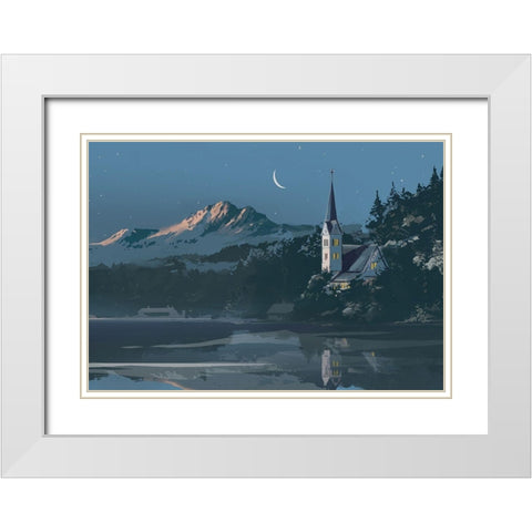 Church on a Blue Lake White Modern Wood Framed Art Print with Double Matting by P.S. Art
