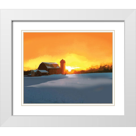 Winter Barn at Sunset White Modern Wood Framed Art Print with Double Matting by P.S. Art