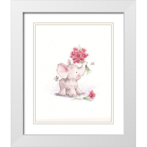 Baby Elephant with Flowers II White Modern Wood Framed Art Print with Double Matting by P.S. Art