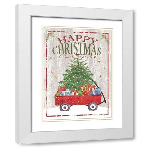 Happy Christmas Wagon White Modern Wood Framed Art Print with Double Matting by P.S. Art