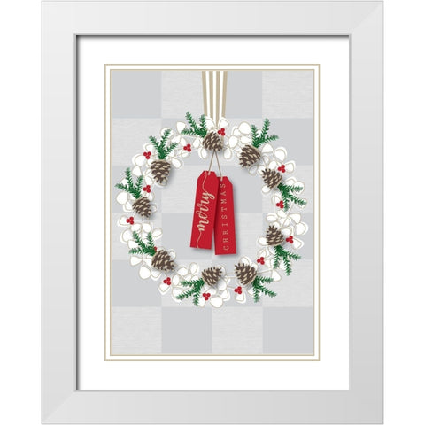 Merry Christmas Wreath White Modern Wood Framed Art Print with Double Matting by P.S. Art