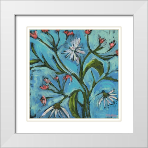 Blue Daisy Pattern White Modern Wood Framed Art Print with Double Matting by Pamela J. Wingard