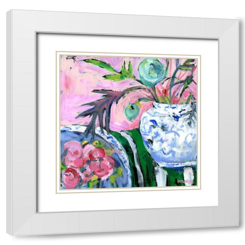 Blue and White with Pink White Modern Wood Framed Art Print with Double Matting by Pamela J. Wingard