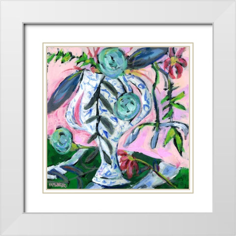 Blue and White with Pink II White Modern Wood Framed Art Print with Double Matting by Pamela J. Wingard