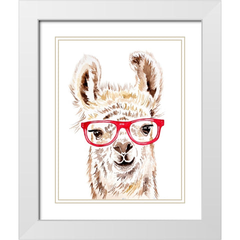 Llama in Glasses White Modern Wood Framed Art Print with Double Matting by Seeley, Jenn