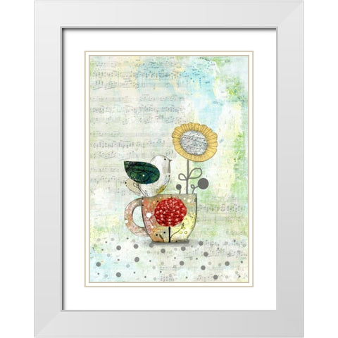 Bird on a Tea Cup White Modern Wood Framed Art Print with Double Matting by Ogren, Sarah