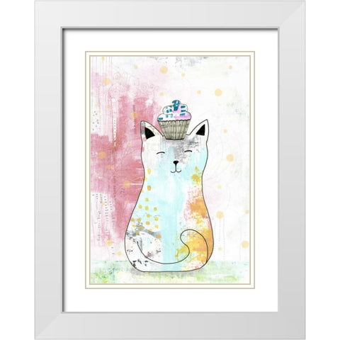 Cat with Cupcake I White Modern Wood Framed Art Print with Double Matting by Ogren, Sarah