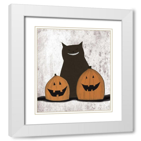 Cat and Pumpkins White Modern Wood Framed Art Print with Double Matting by Ogren, Sarah