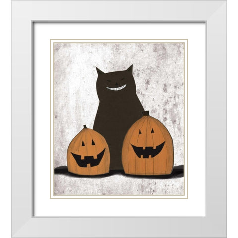 Cat and Pumpkins White Modern Wood Framed Art Print with Double Matting by Ogren, Sarah