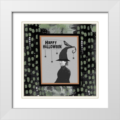 Halloween Witch and Crow White Modern Wood Framed Art Print with Double Matting by Ogren, Sarah