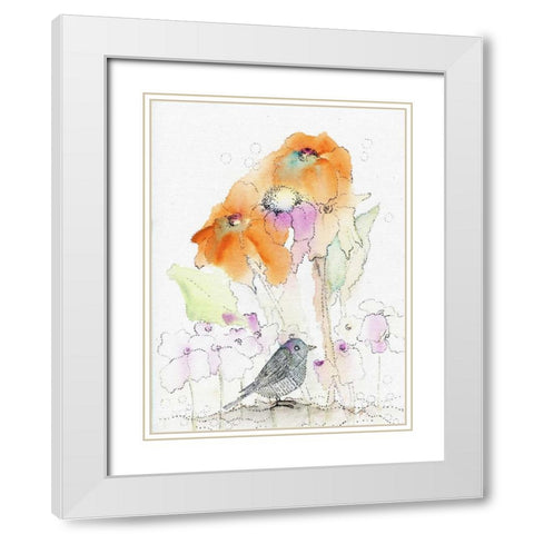 Bird and Orange Flowers White Modern Wood Framed Art Print with Double Matting by Ogren, Sarah