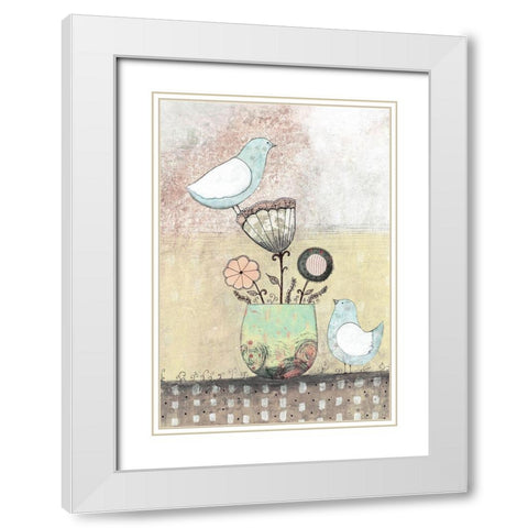Birds Together - Floral White Modern Wood Framed Art Print with Double Matting by Ogren, Sarah